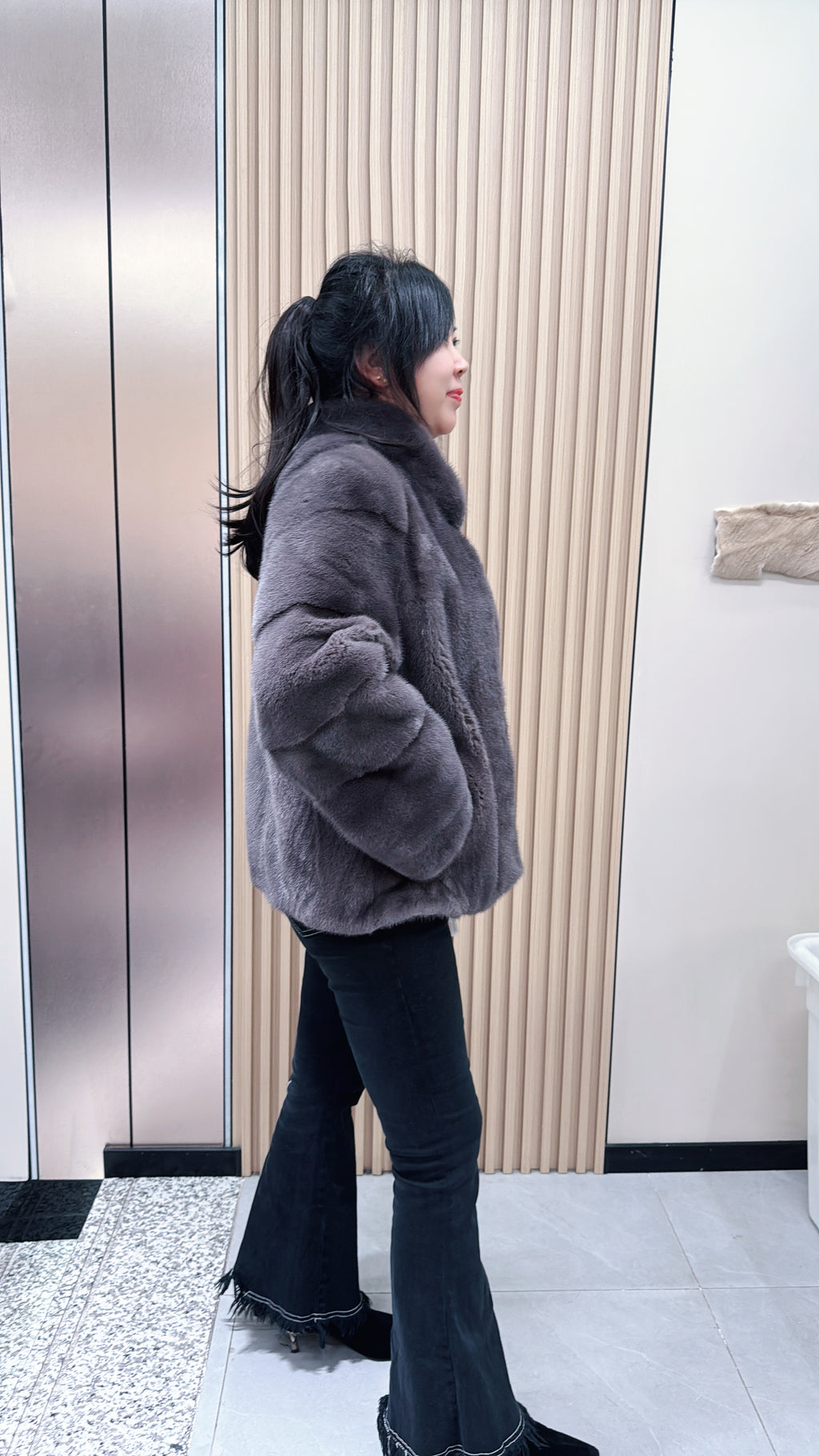 No. 086 Light Brown Stand-Collar Mink Fur Coat