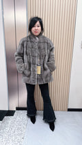No. 083 Iron-grey mink fur coat featuring a stand-up collar and a horizontal texture design.
