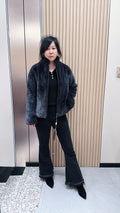 No. 072 Dark grey mink fur coat featuring a stand collar and zip closure.