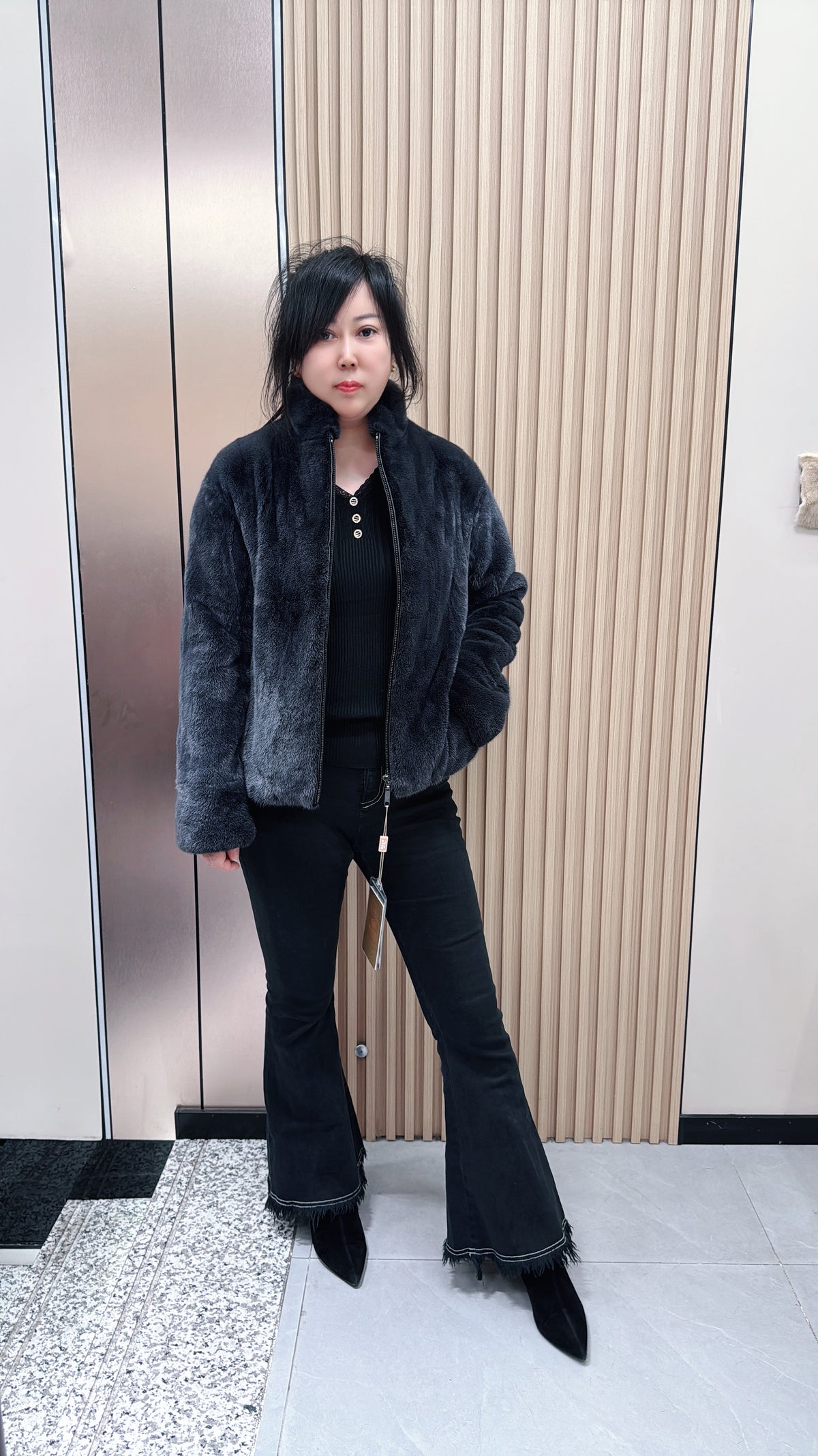 No. 072 Dark grey mink fur coat featuring a stand collar and zip closure.
