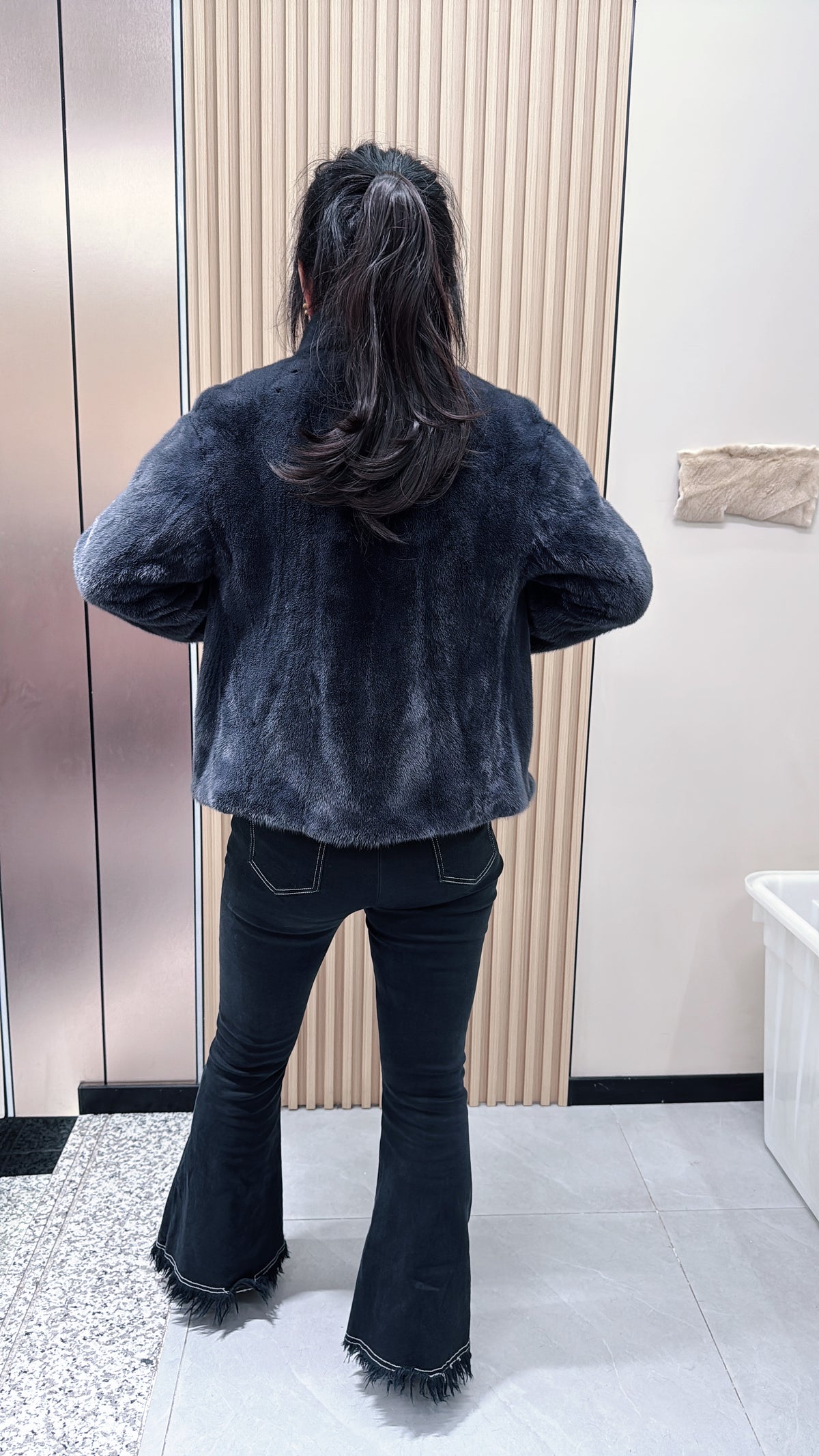 No. 072 Dark grey mink fur coat featuring a stand collar and zip closure.
