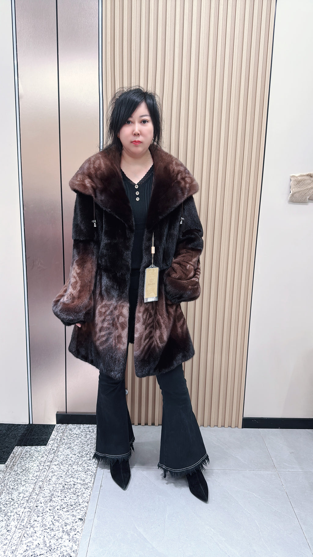No. 092 Dark Brown Ombré Print Mink Fur Coat (with Shawl Collar)