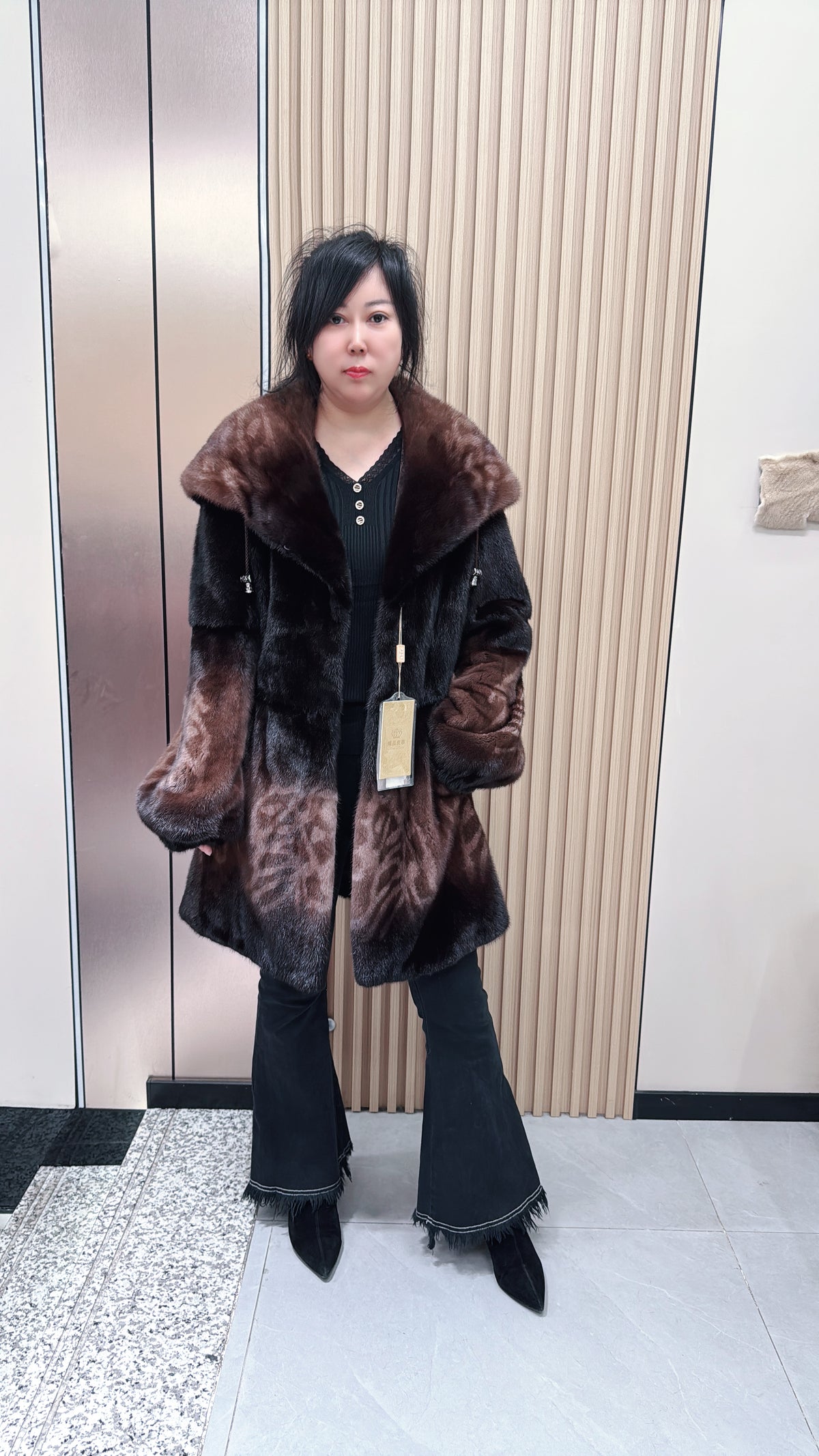 No. 092 Dark Brown Ombré Print Mink Fur Coat (with Shawl Collar)