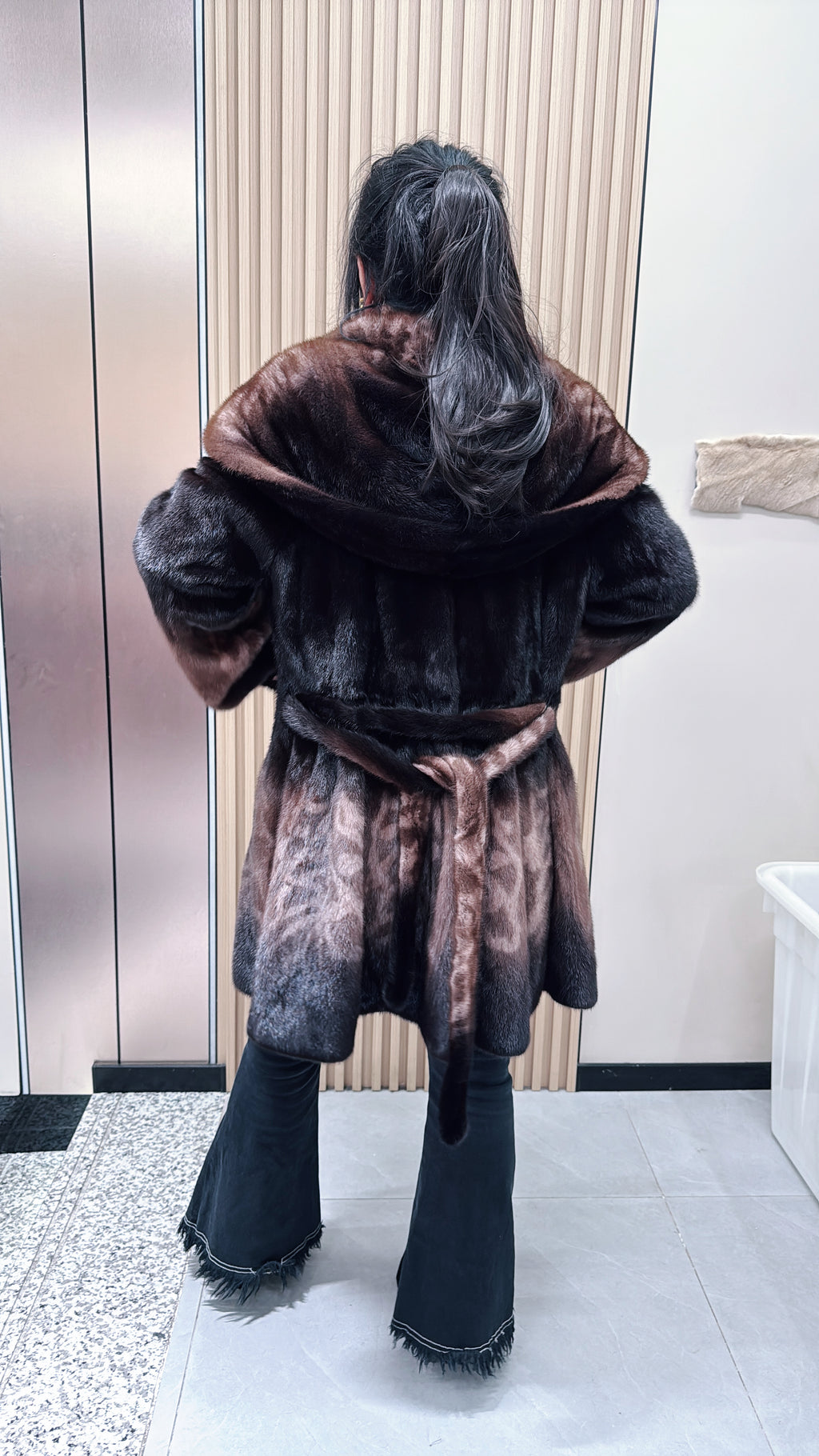No. 092 Dark Brown Ombré Print Mink Fur Coat (with Shawl Collar)