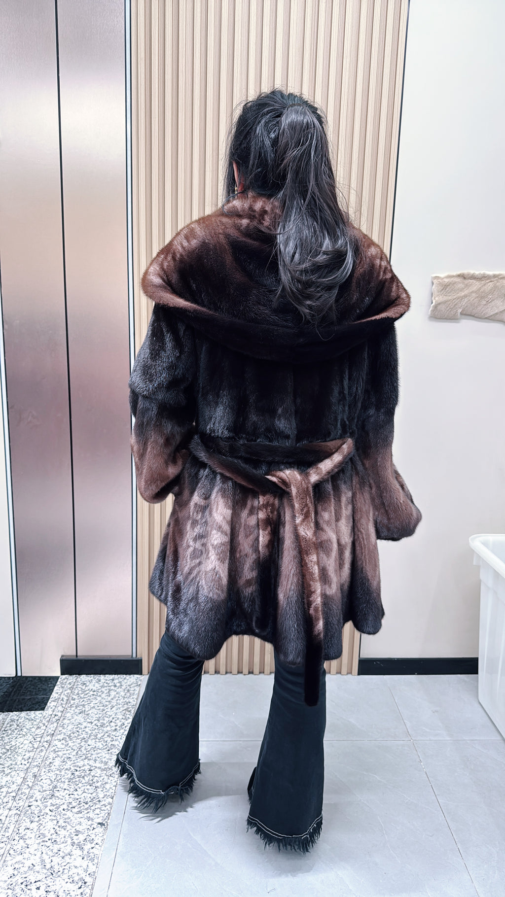 No. 092 Dark Brown Ombré Print Mink Fur Coat (with Shawl Collar)