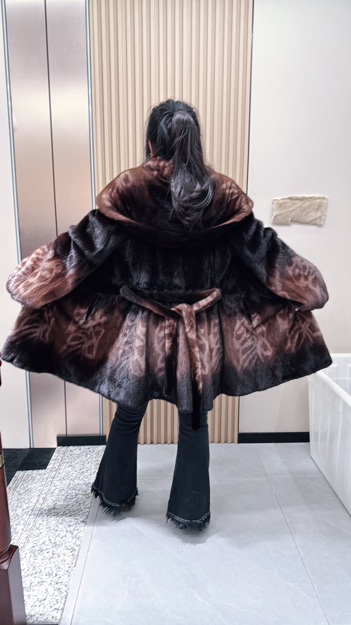 No. 092 Dark Brown Ombré Print Mink Fur Coat (with Shawl Collar)