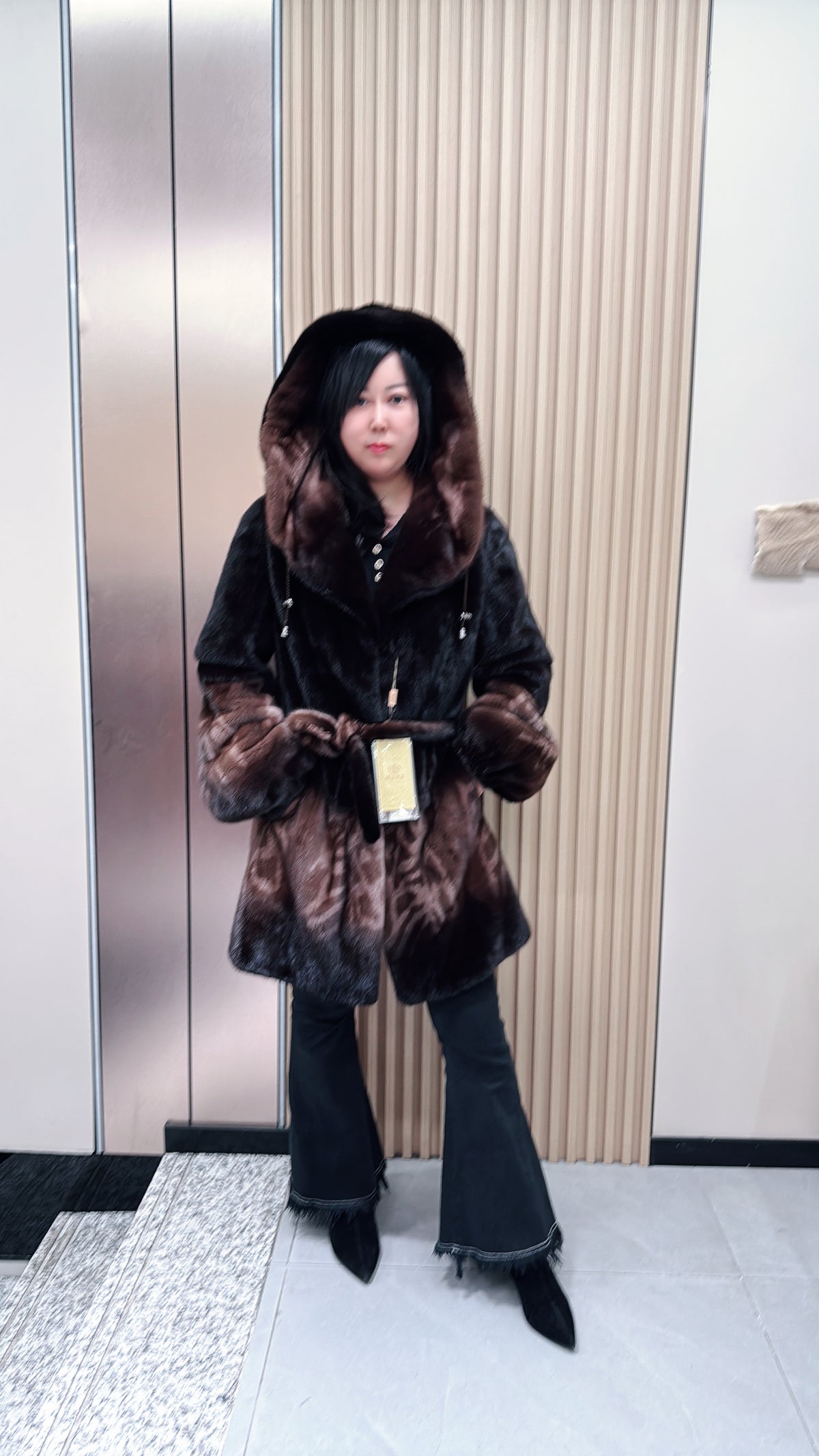 No. 092 Dark Brown Ombré Print Mink Fur Coat (with Shawl Collar)