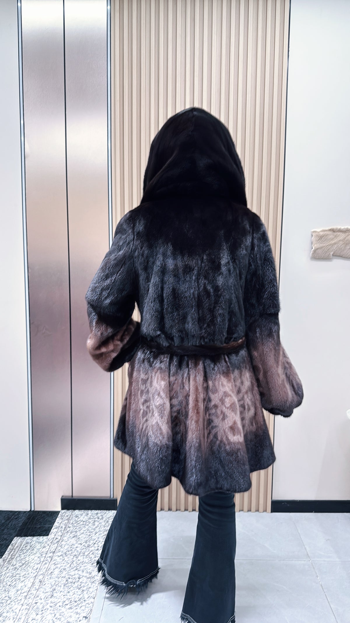 No. 092 Dark Brown Ombré Print Mink Fur Coat (with Shawl Collar)