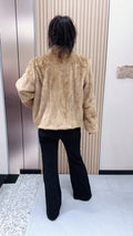 No. 099 Beige mink fur coat featuring a banana collar and a curved hem.