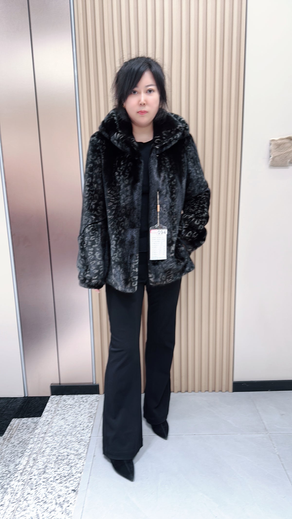 No. 094 Black printed hooded mink fur coat.