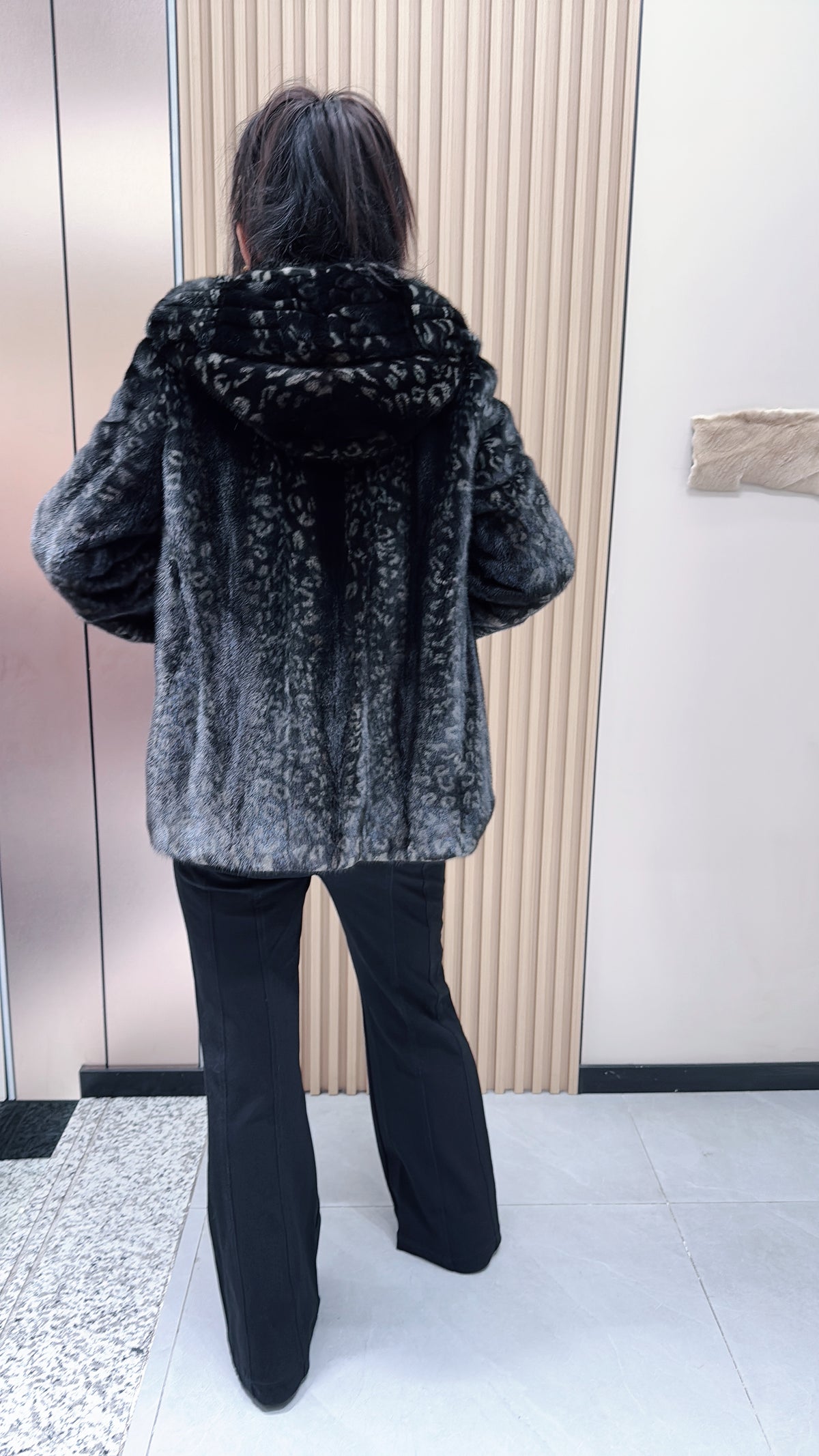 No. 094 Black printed hooded mink fur coat.