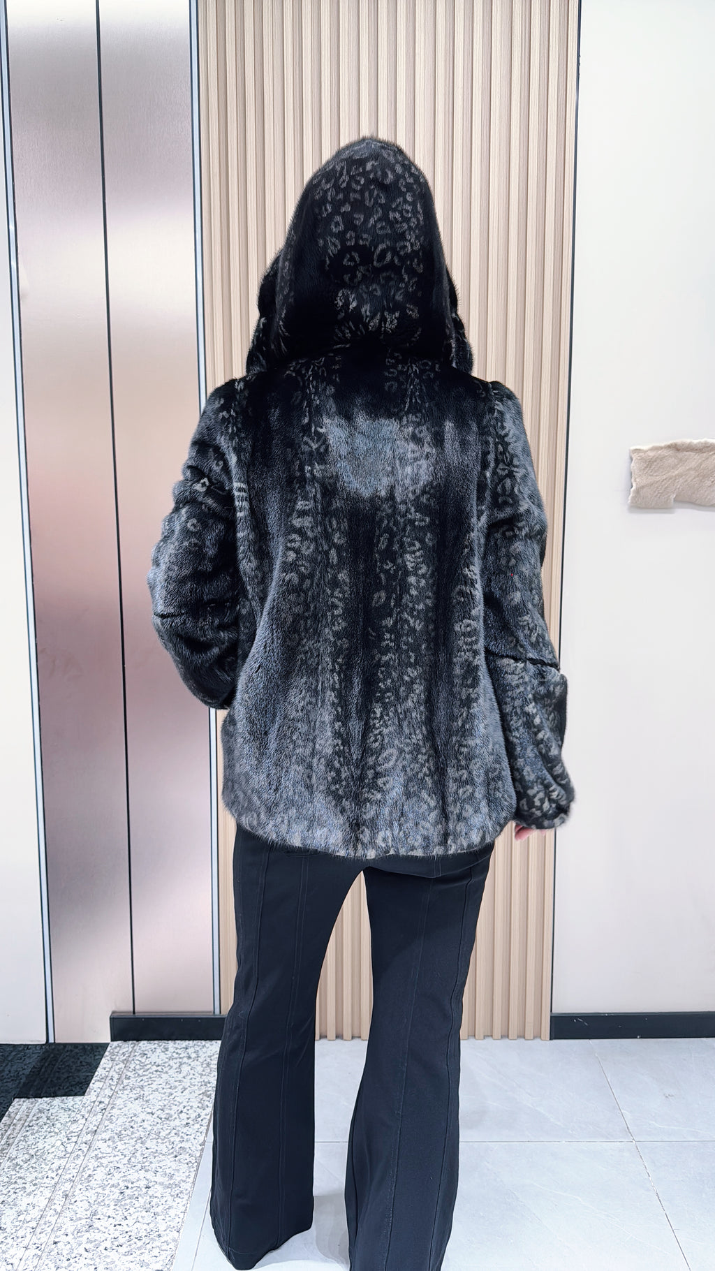 No. 094 Black printed hooded mink fur coat.