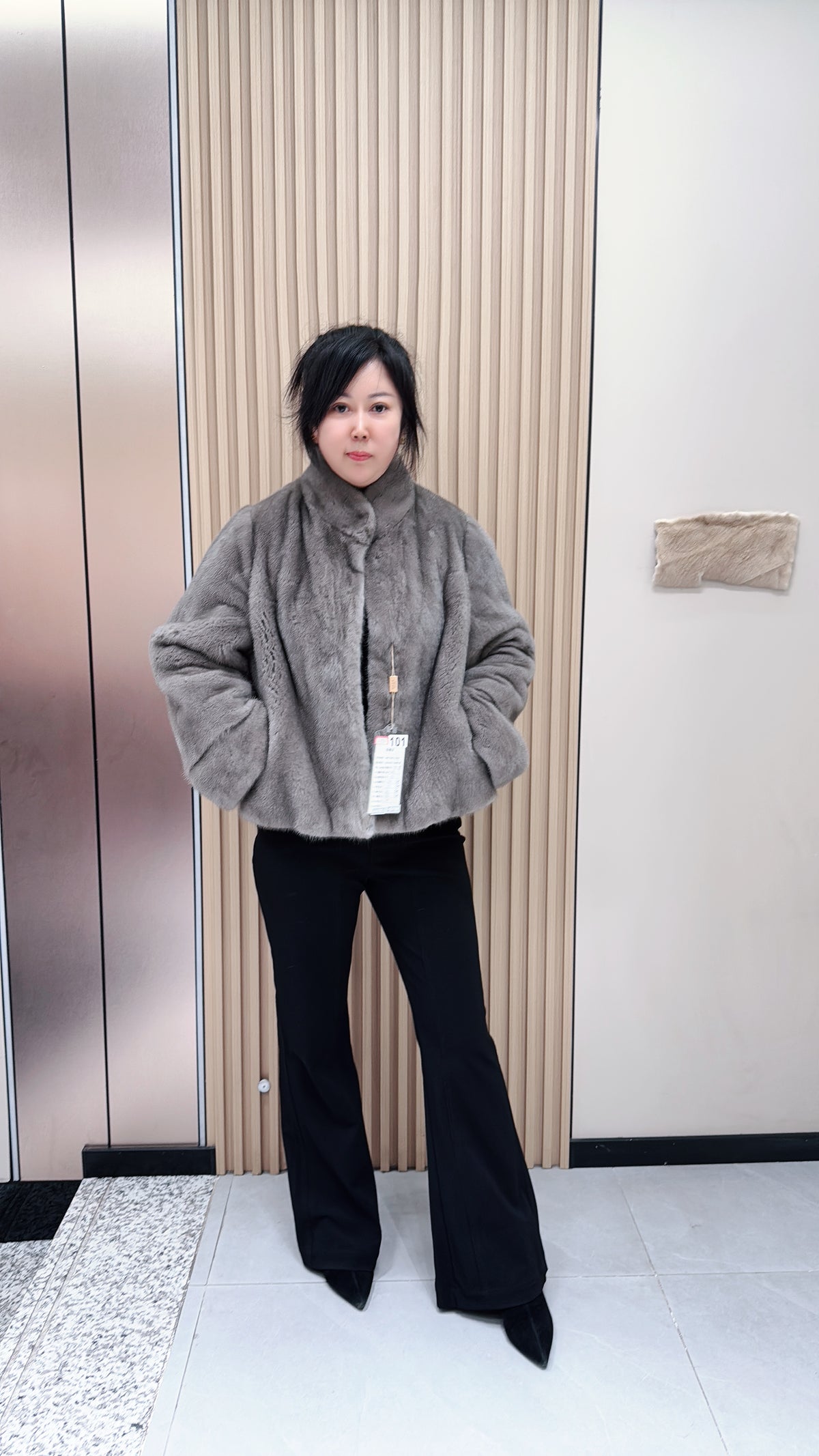 No. 101 Grey Stand-Collar Mink Fur Coat