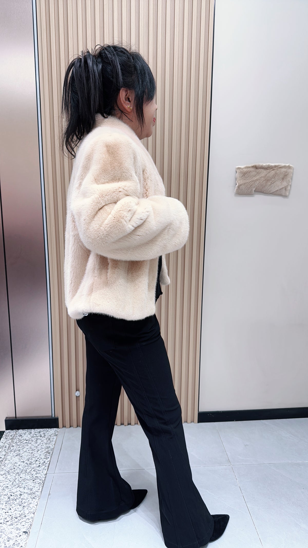 No. 104 Beige Stand-Collar Mink Fur Coat