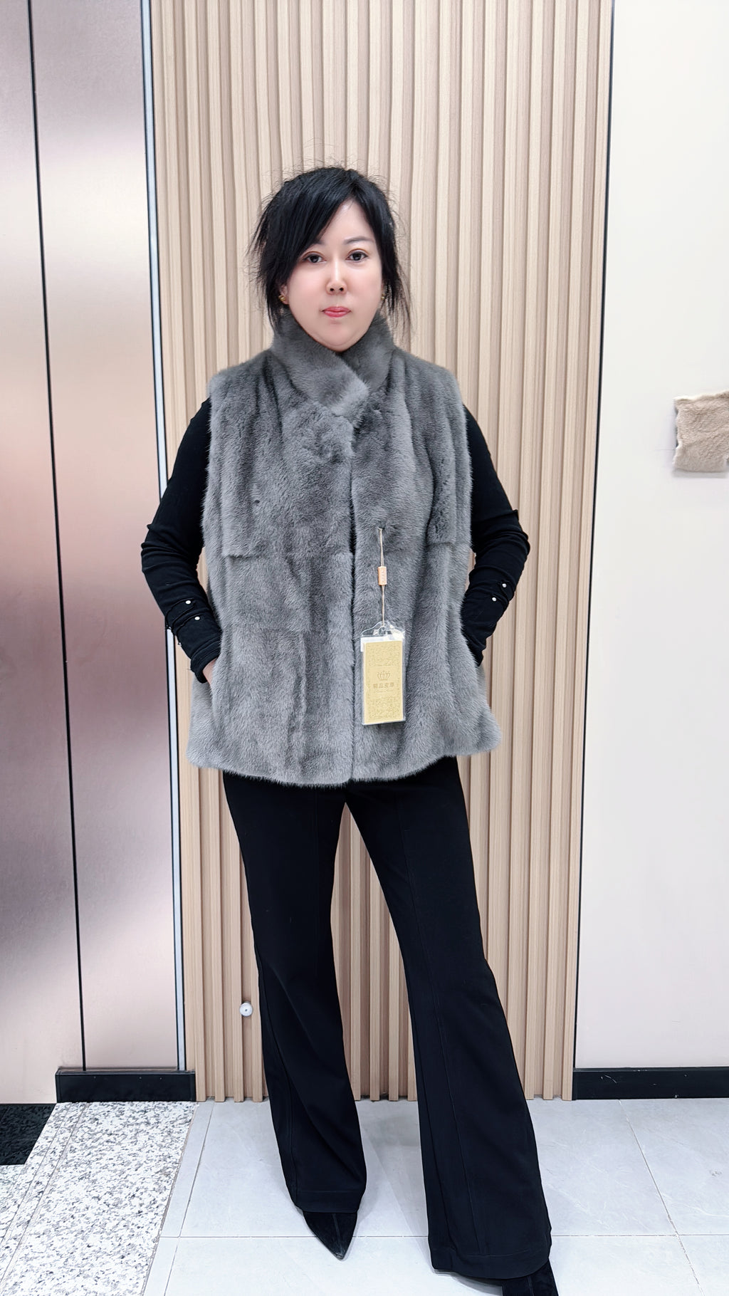 No. 107 Grey Mink Fur Vest with Stand Collar