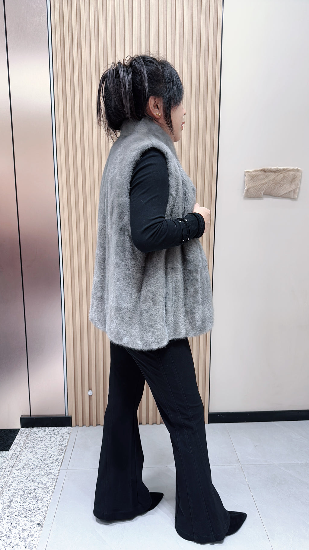 No. 107 Grey Mink Fur Vest with Stand Collar