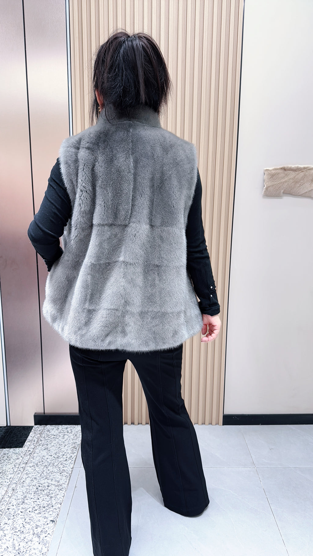 No. 107 Grey Mink Fur Vest with Stand Collar
