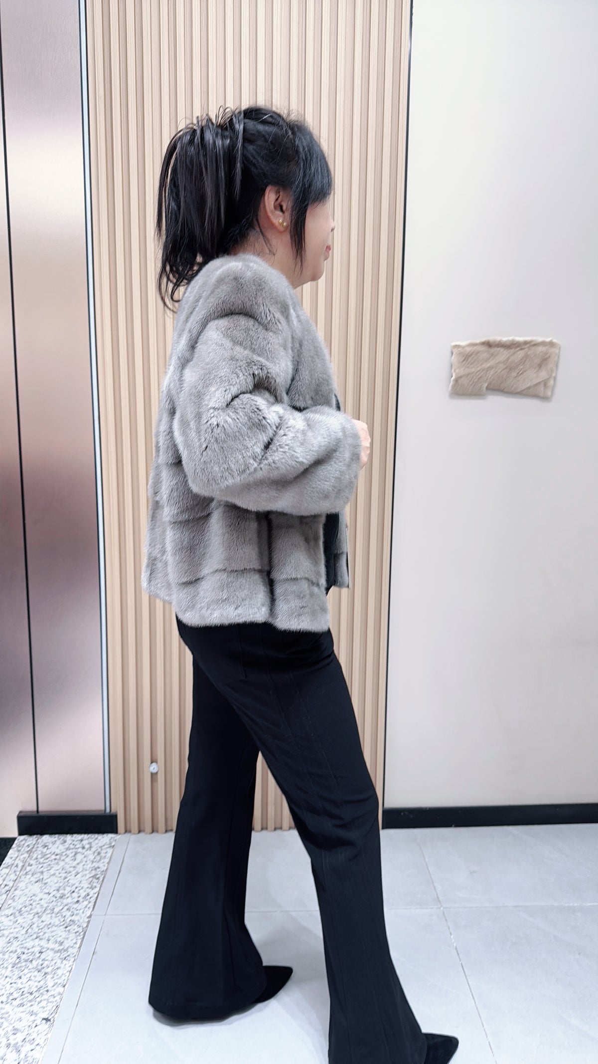 No. 134 Grey V-neck mink fur coat featuring an AB panel design.