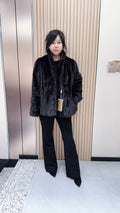 No. 119 Dark brown mink fur coat featuring a collar that can be worn standing up or folded down.