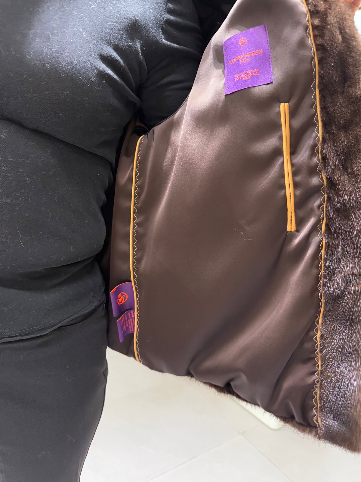 No. 132 Dark Brown V-Neck Mink Fur Coat (with Cuffed Sleeves)