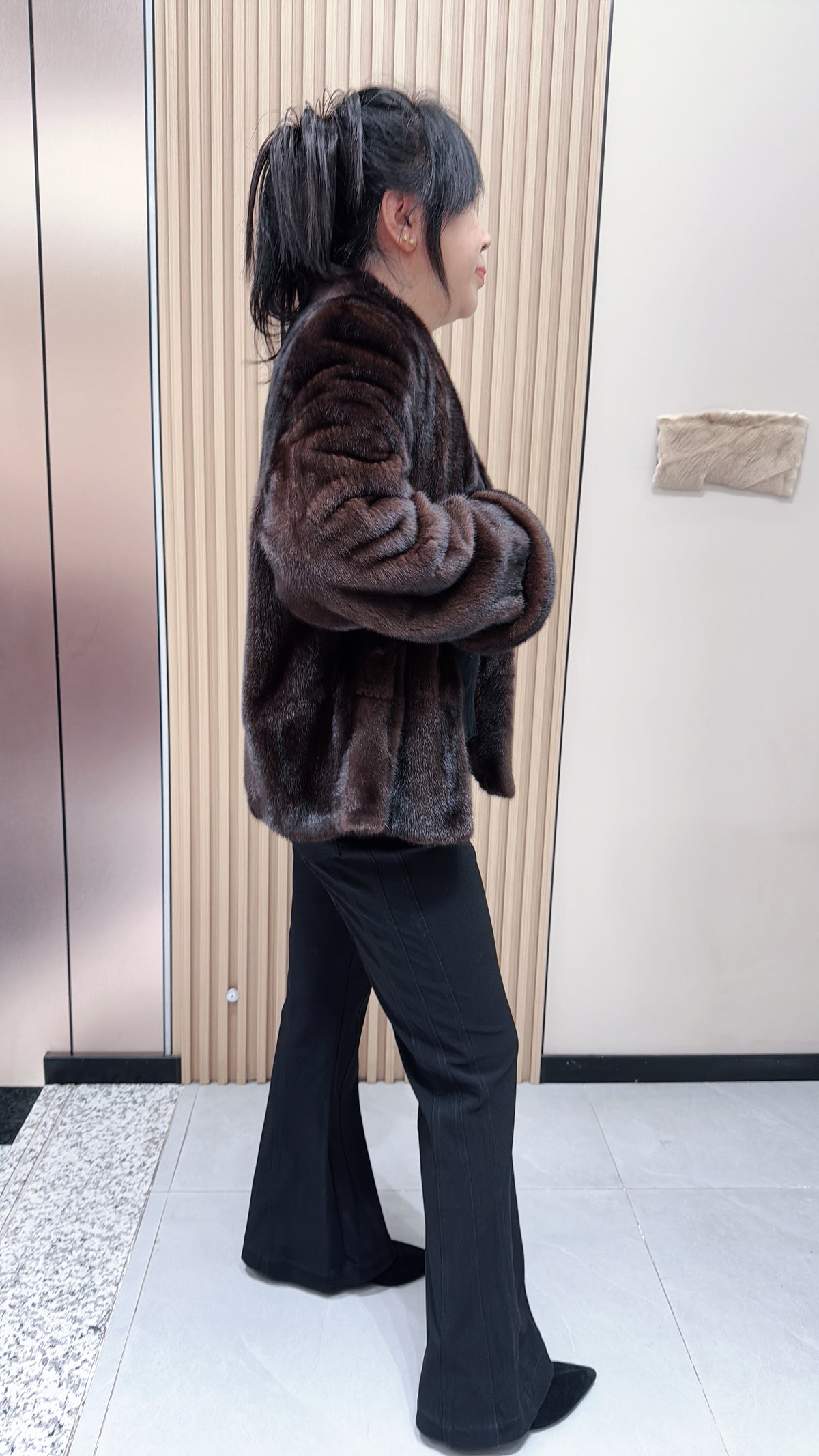 No. 132 Dark Brown V-Neck Mink Fur Coat (with Cuffed Sleeves)