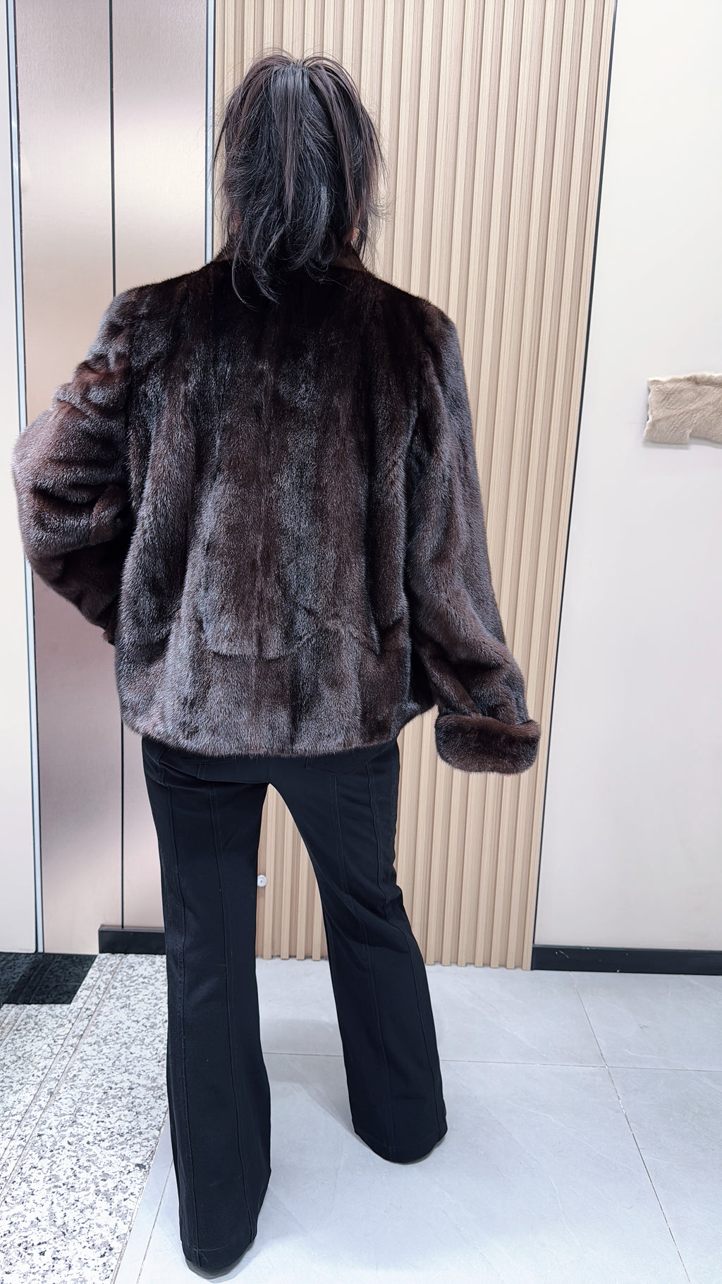 No. 132 Dark Brown V-Neck Mink Fur Coat (with Cuffed Sleeves)