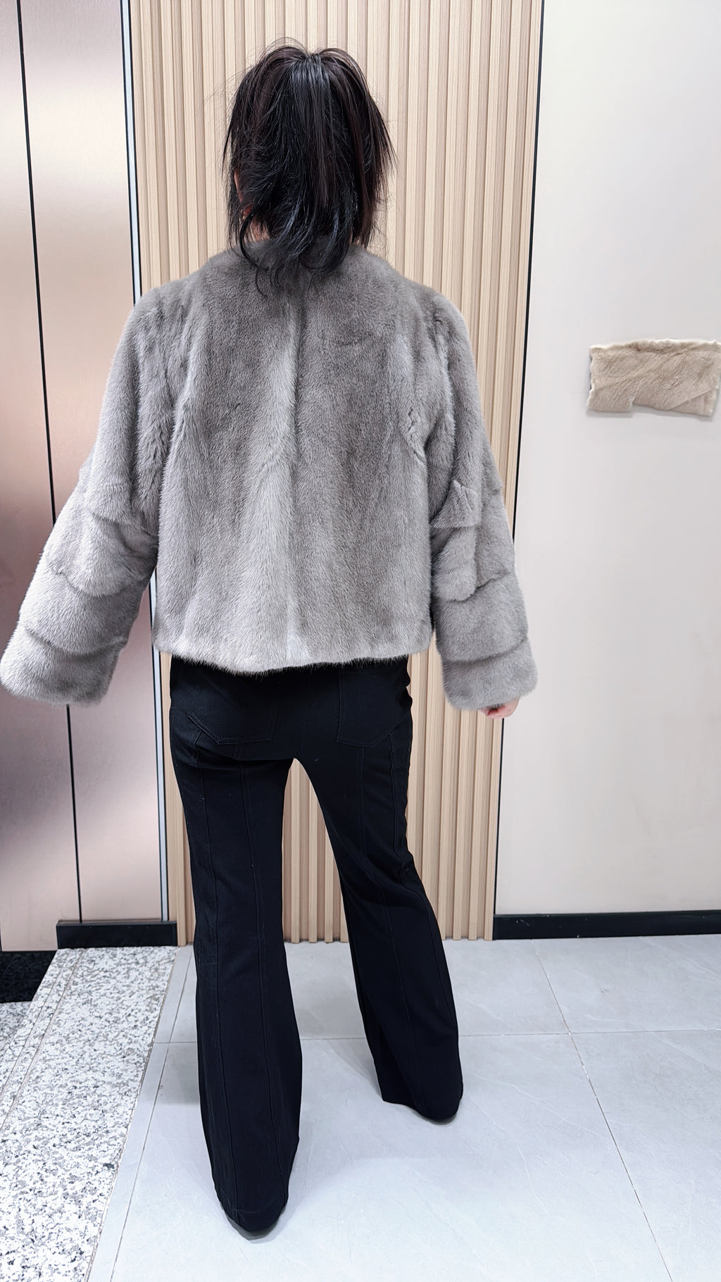 No. 118 Grey Mink Fur Coat with Collarless Neckline