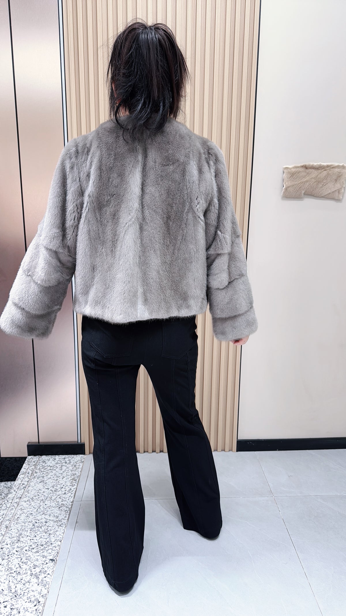No. 118 Grey Mink Fur Coat with Collarless Neckline