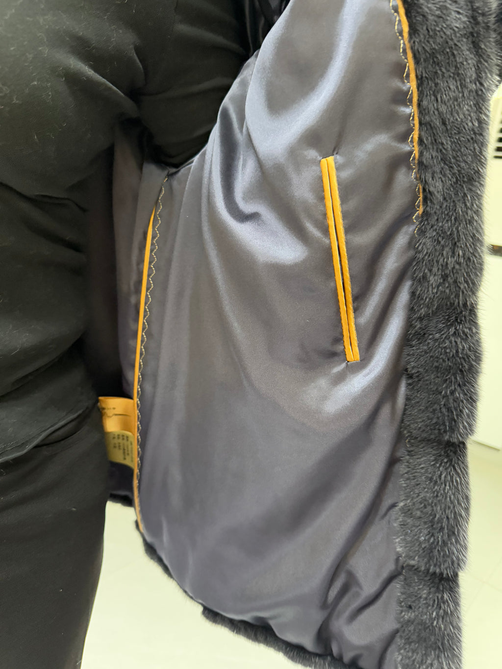 No. 117 Dark grey stand-collar mink fur coat featuring an AB panel design.
