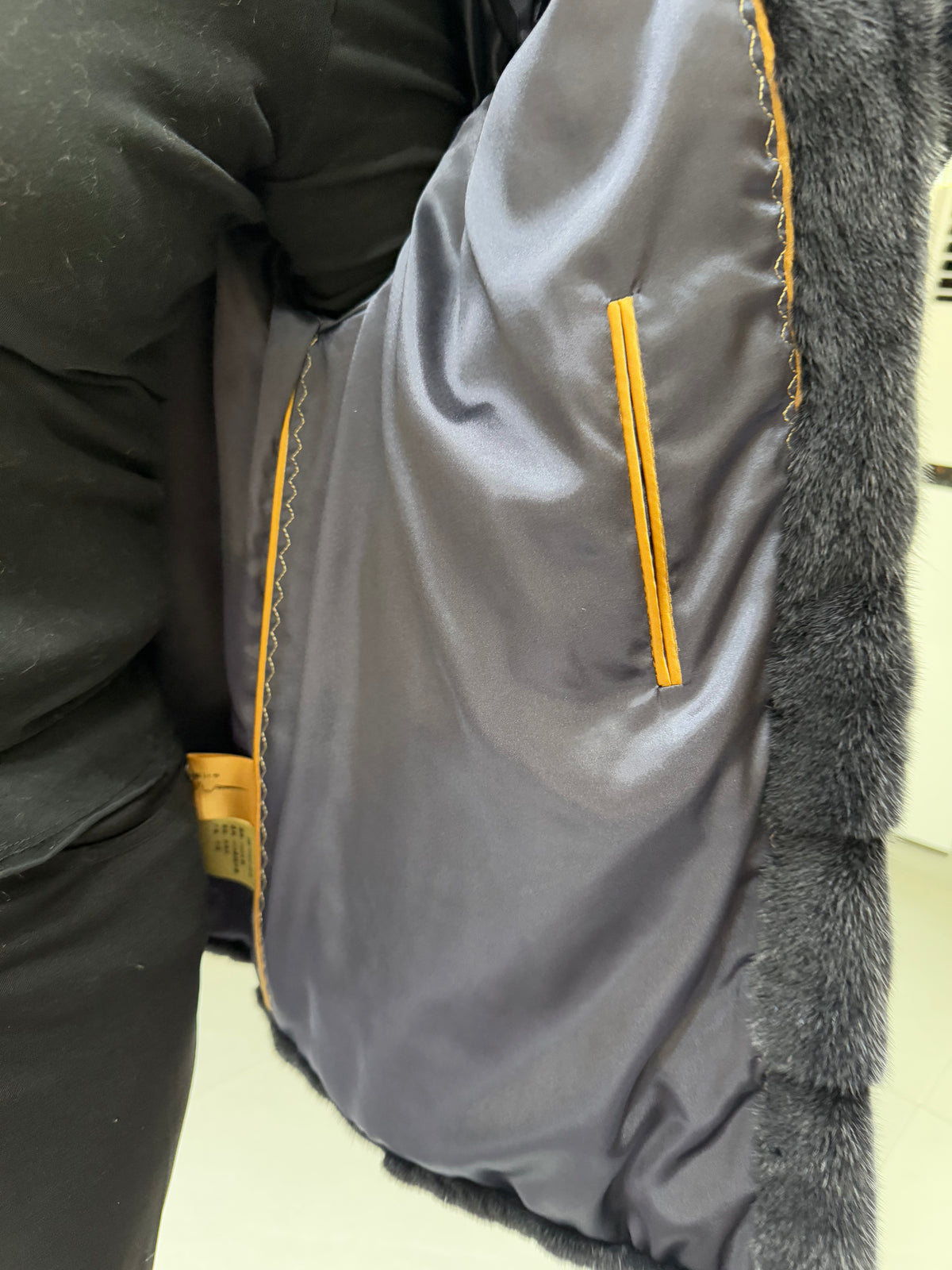 No. 117 Dark grey stand-collar mink fur coat featuring an AB panel design.