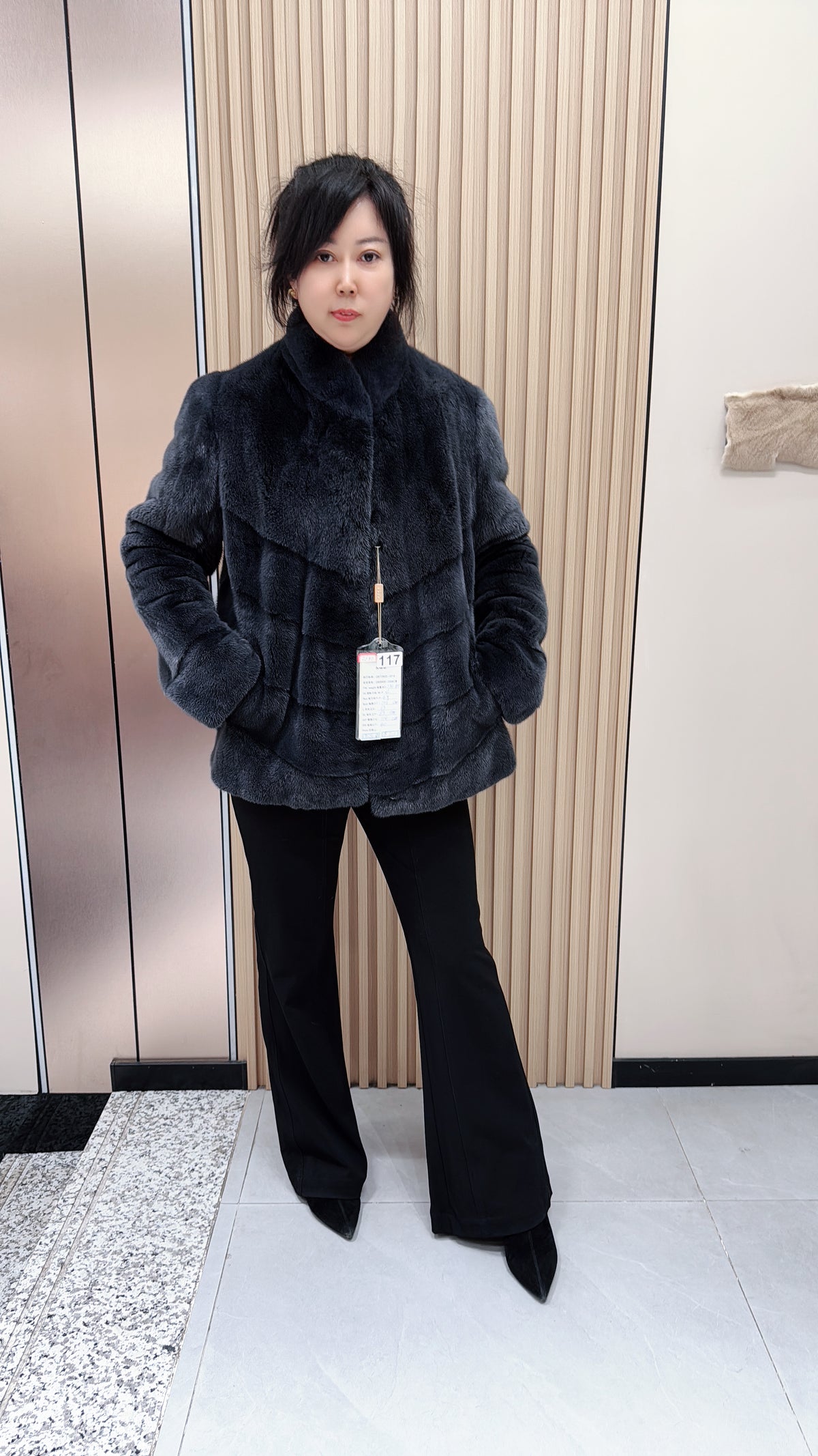 No. 117 Dark grey stand-collar mink fur coat featuring an AB panel design.