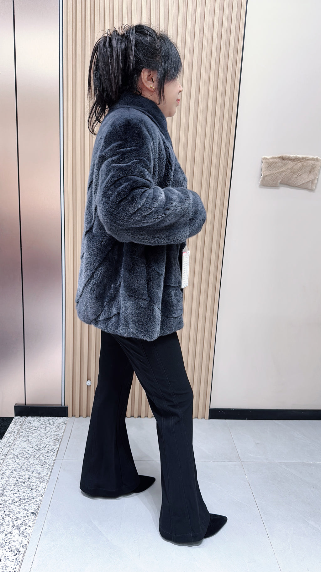 No. 117 Dark grey stand-collar mink fur coat featuring an AB panel design.
