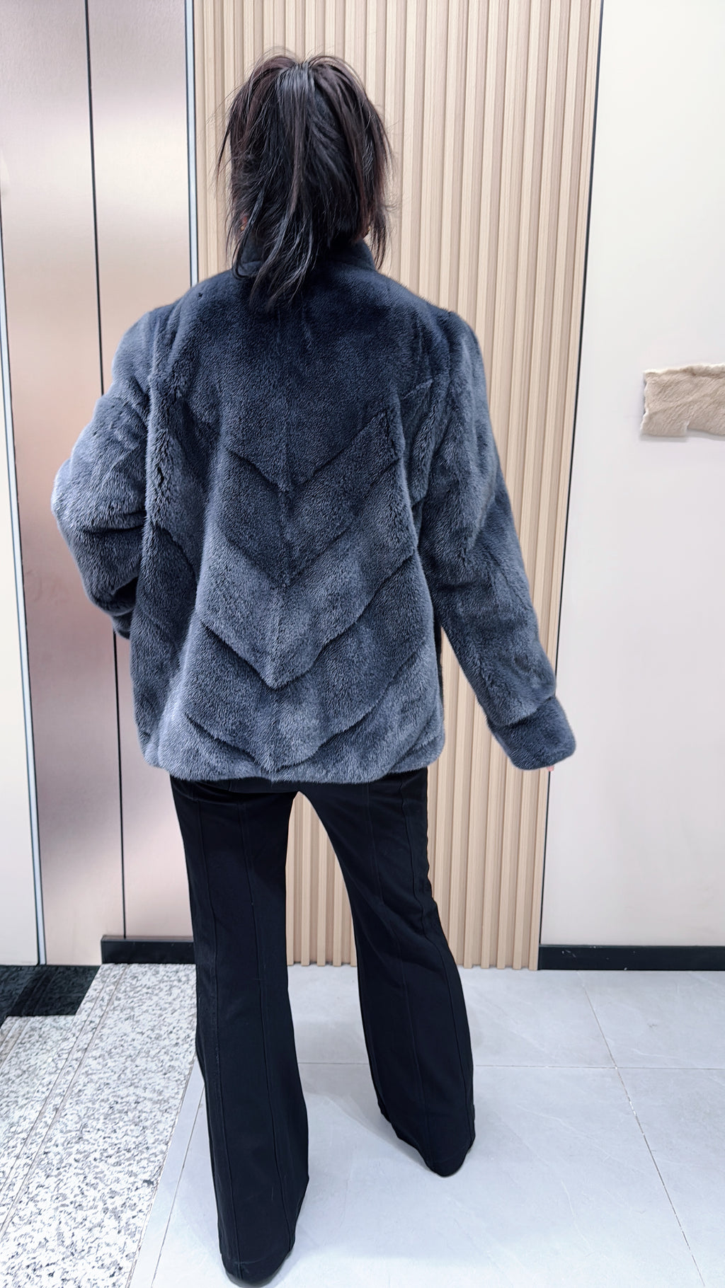 No. 117 Dark grey stand-collar mink fur coat featuring an AB panel design.