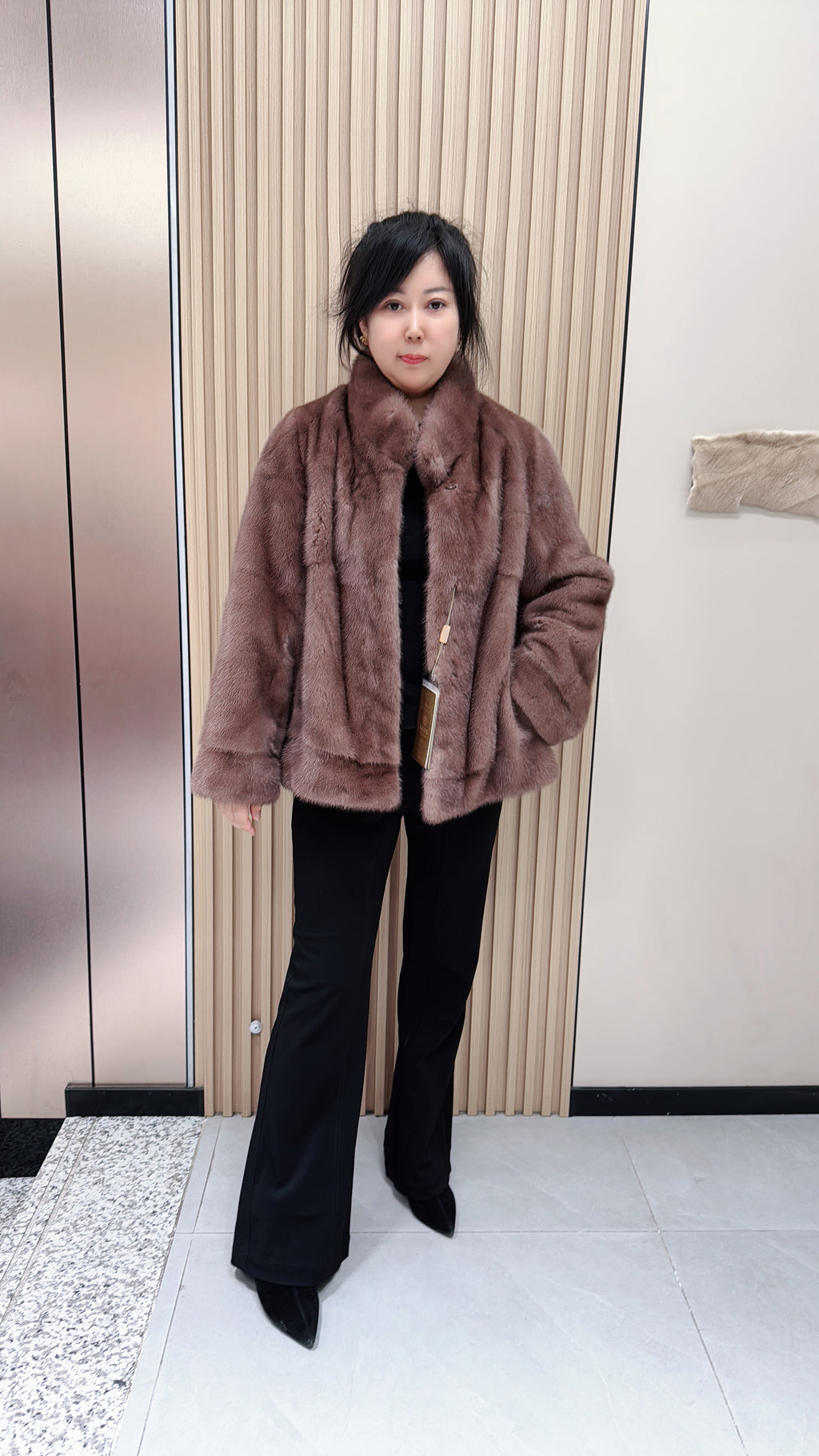 No. 136 Light Brown Stand-Collar Mink Fur Coat