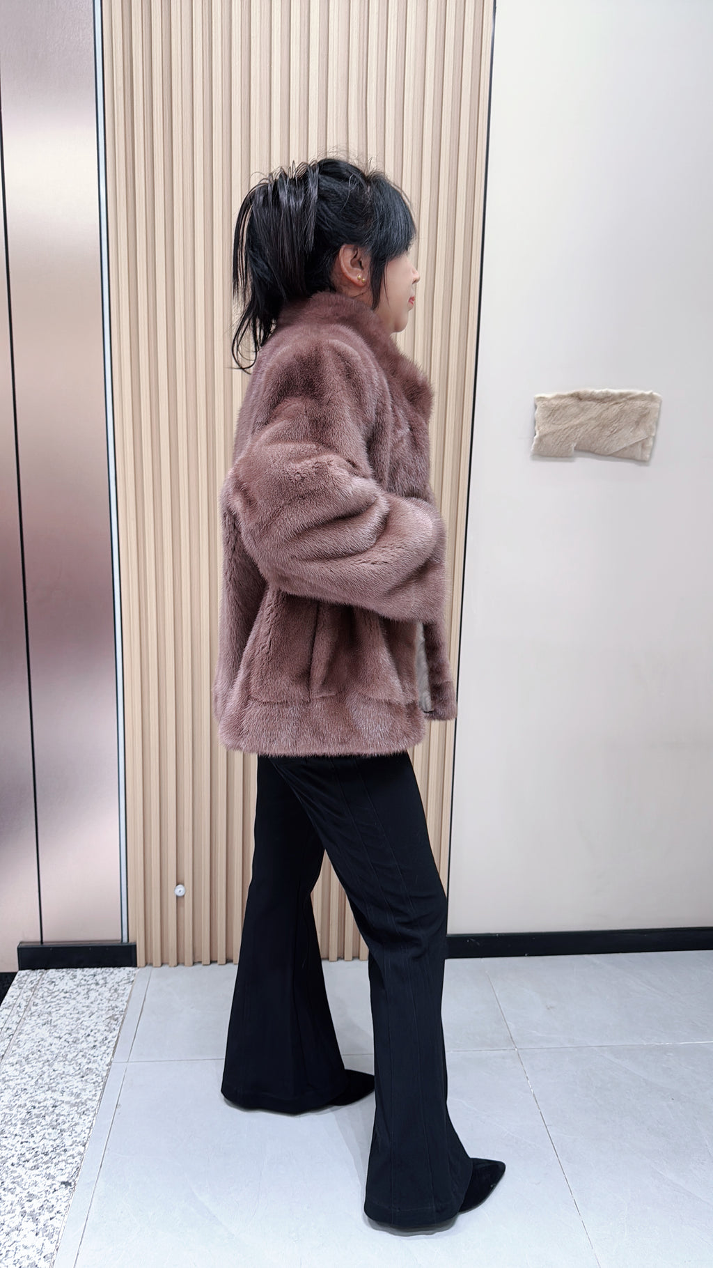 No. 136 Light Brown Stand-Collar Mink Fur Coat