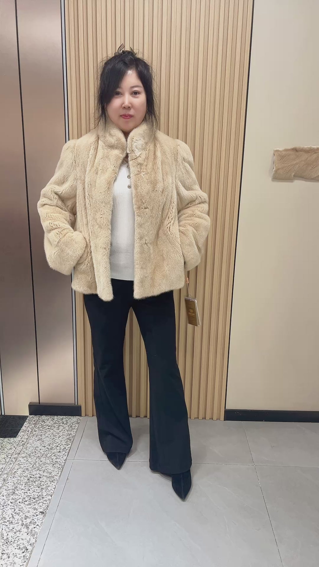 No. 163: Beige Stand-Collar Mink Fur Coat