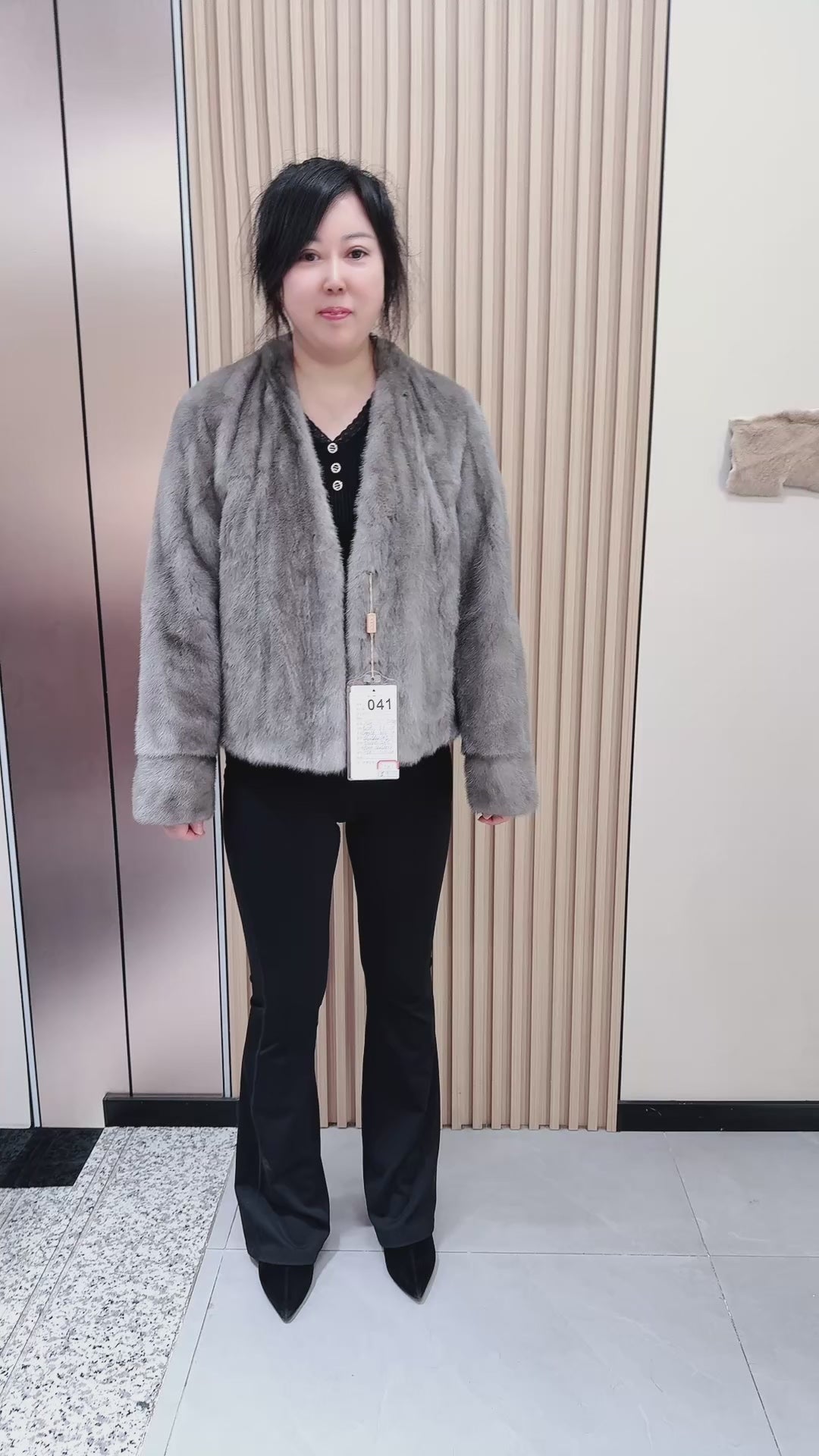 No. 041 Latte-grey V-neck mink coat