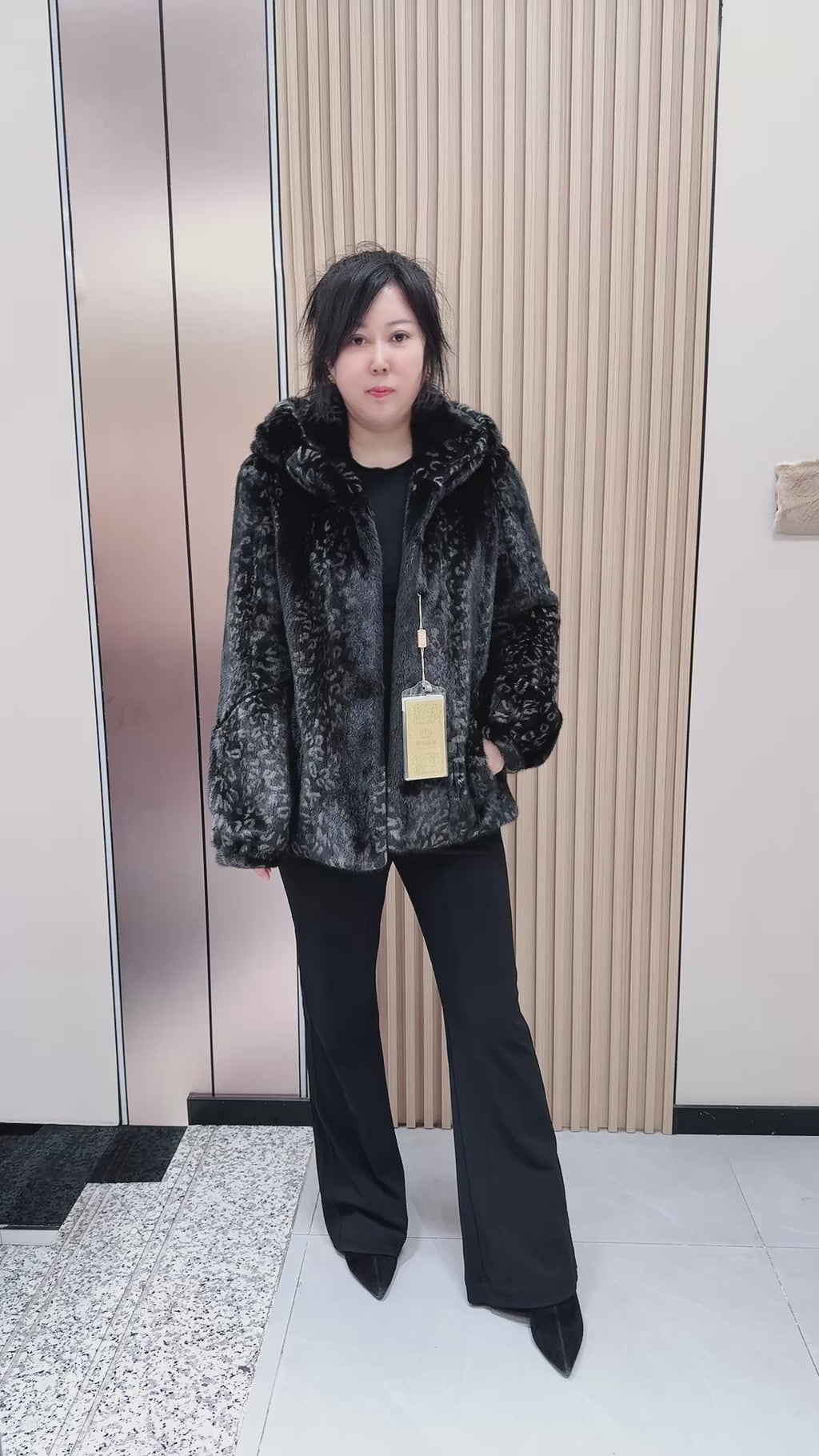 No. 094 Black printed hooded mink fur coat.