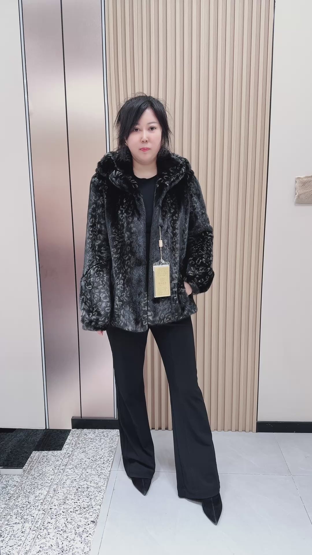 No. 094 Black printed hooded mink fur coat.