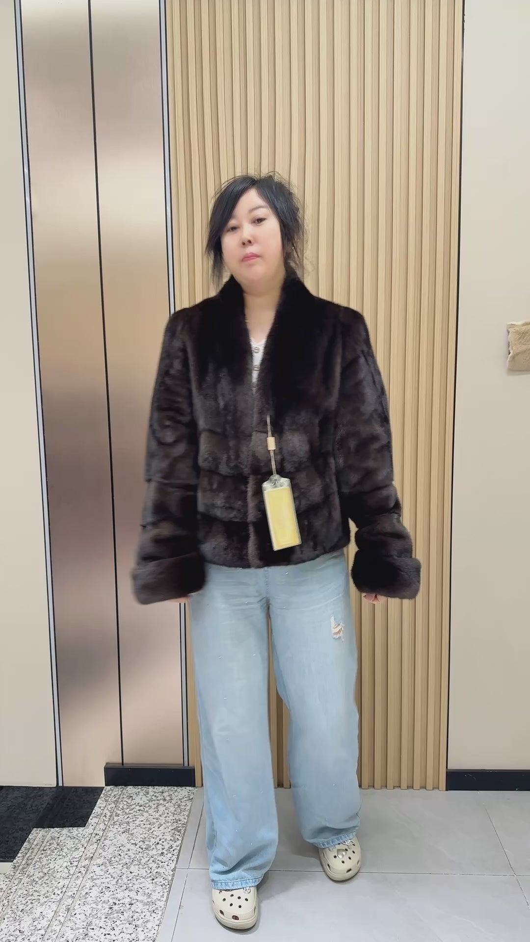 023 Brown V-neck mink fur coat (AB-style cut)