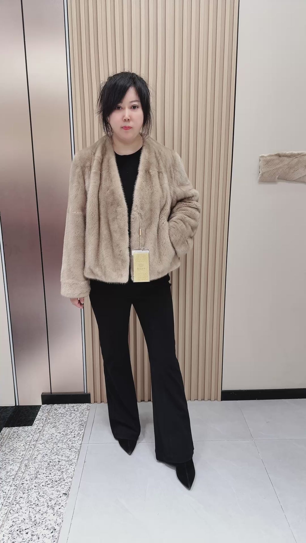 No. 115 Deep Beige V-Neck Mink Fur Coat