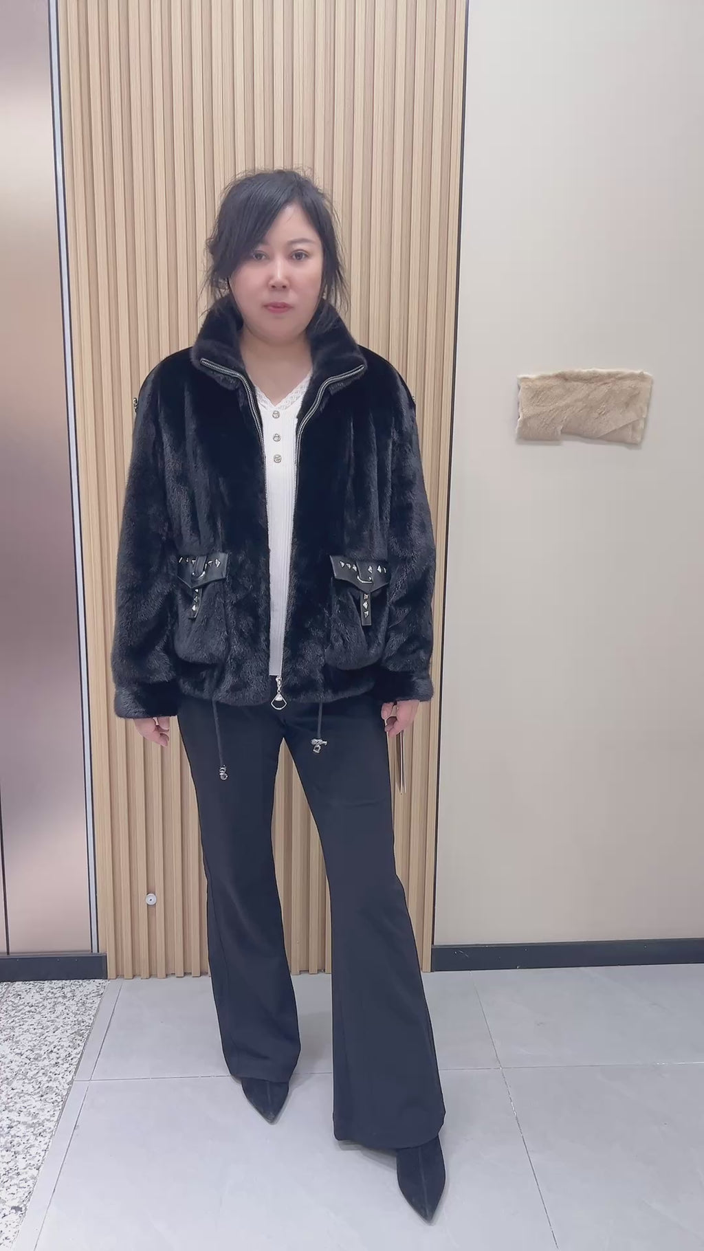 No. 198 Black Stand-Collar Zippered Mink Fur Coat (Biker Style)