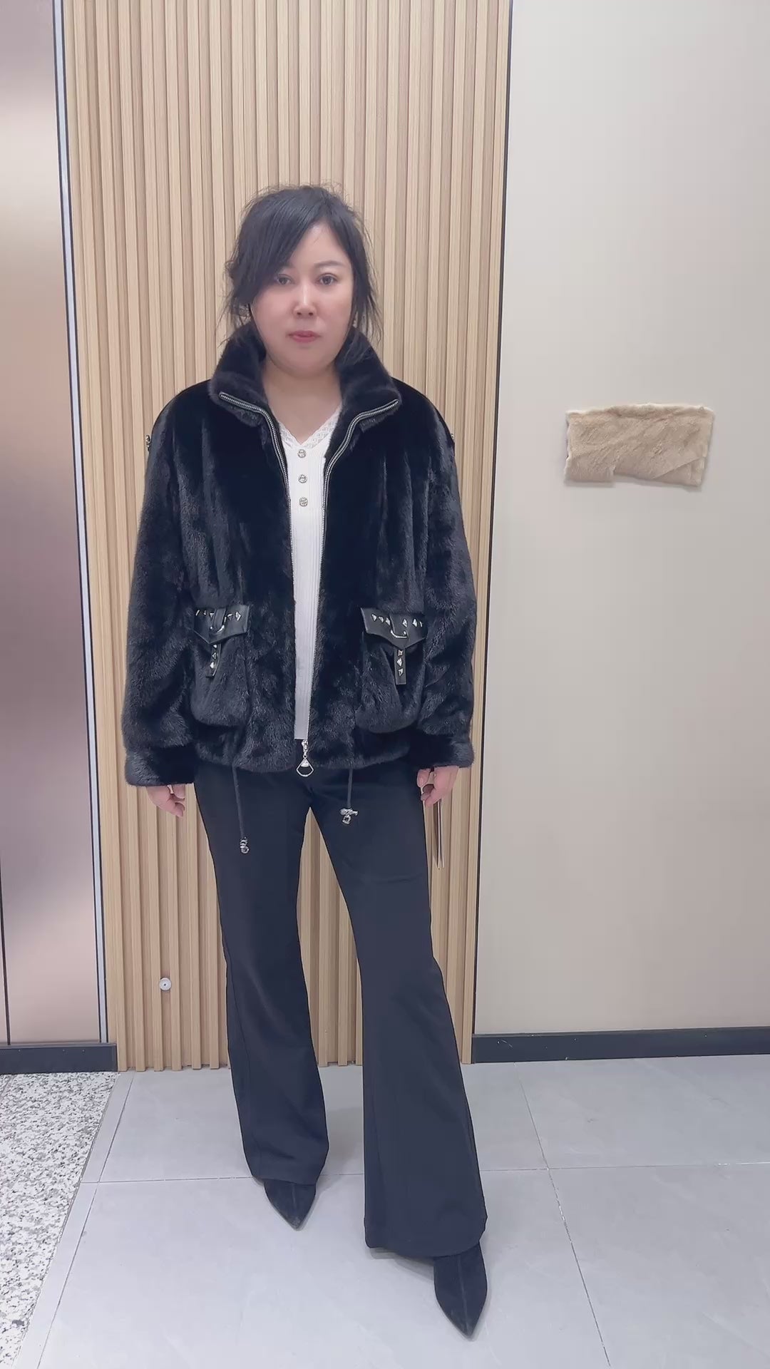 No. 198 Black Stand-Collar Zippered Mink Fur Coat (Biker Style)