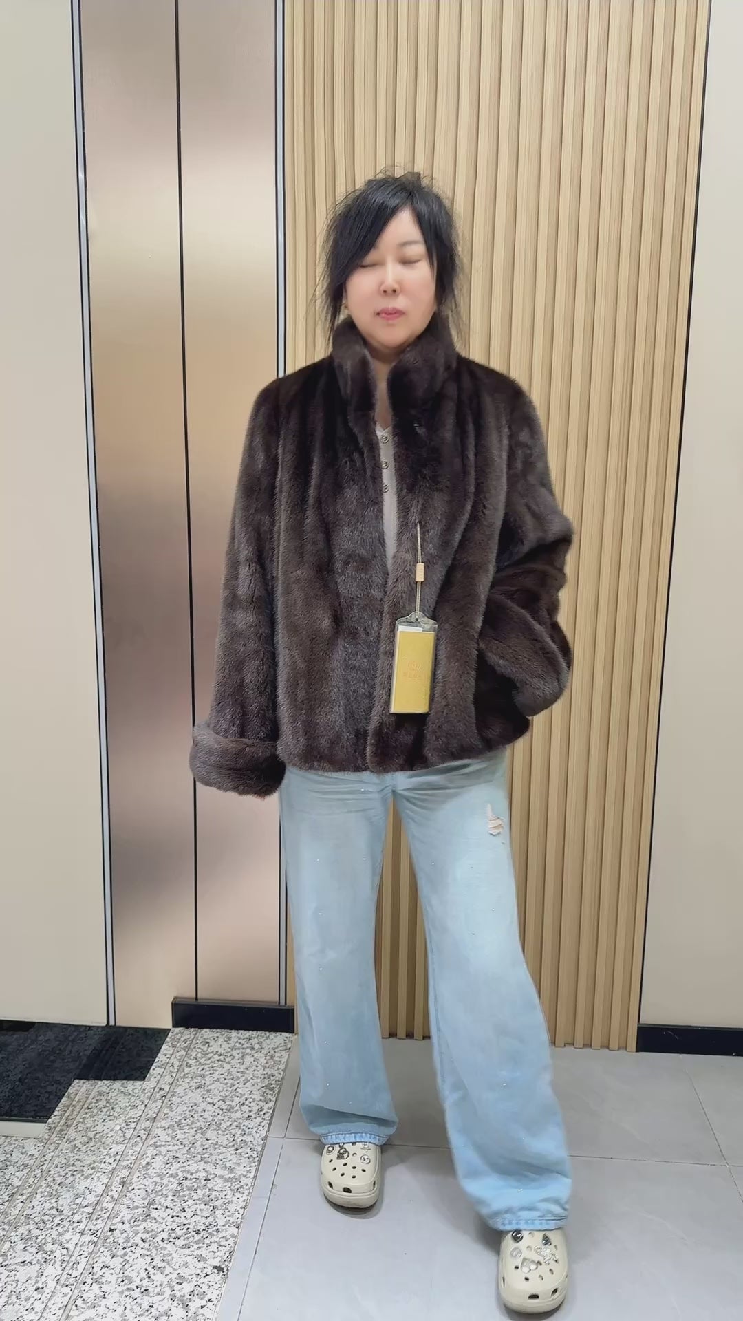 No. 018 Brown Mink Coat with Stand Collar and Roll-up Sleeves