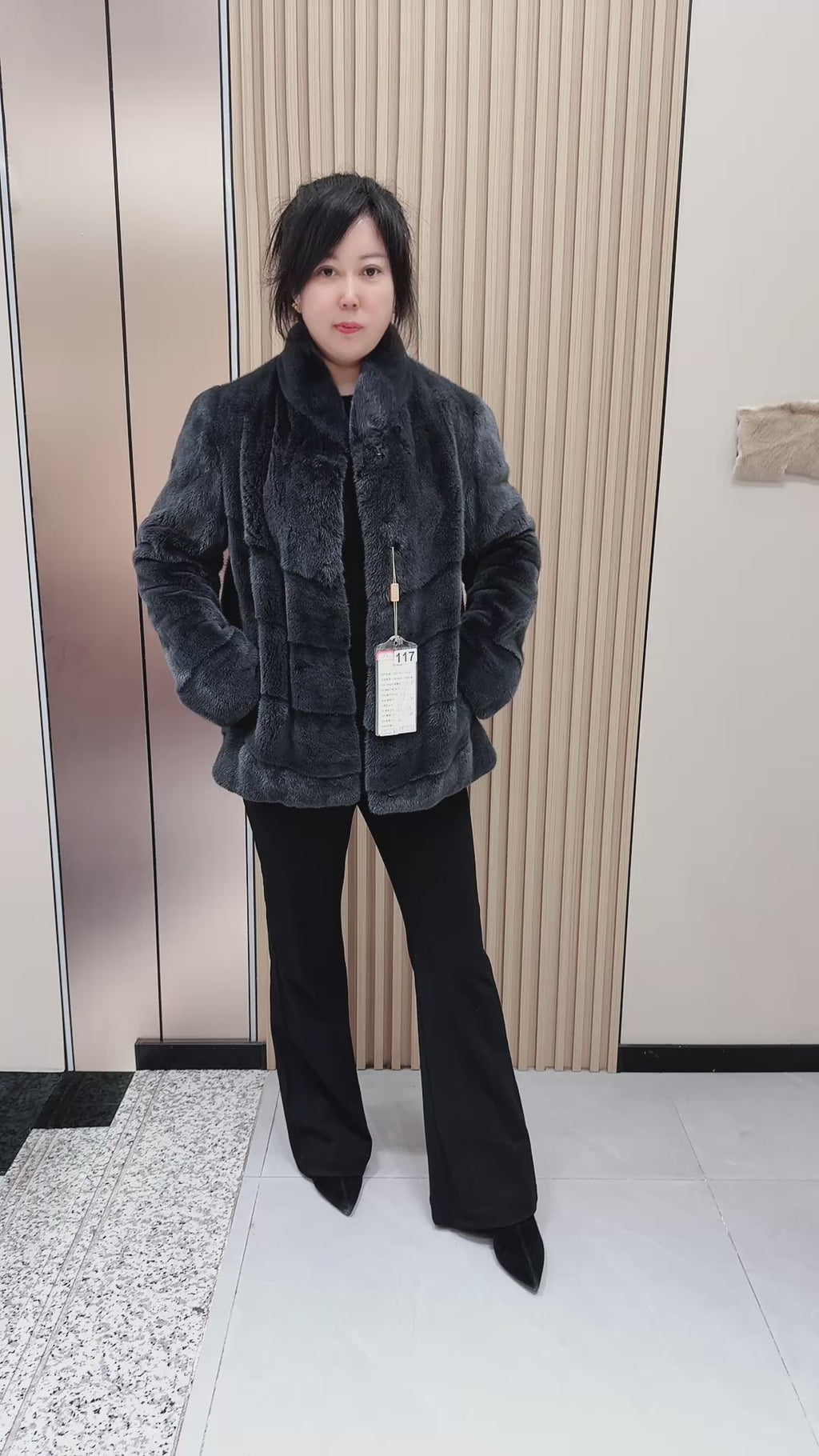 No. 117 Dark grey stand-collar mink fur coat featuring an AB panel design.
