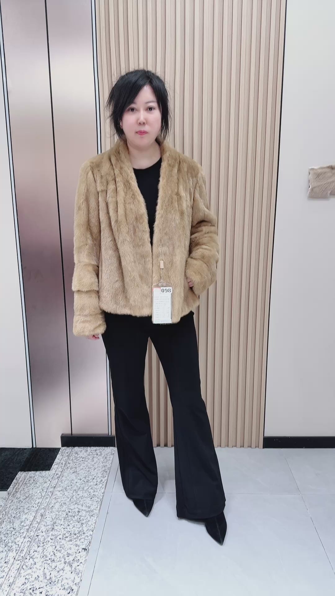 No. 098 Dark beige mink fur coat featuring a V-neck design.