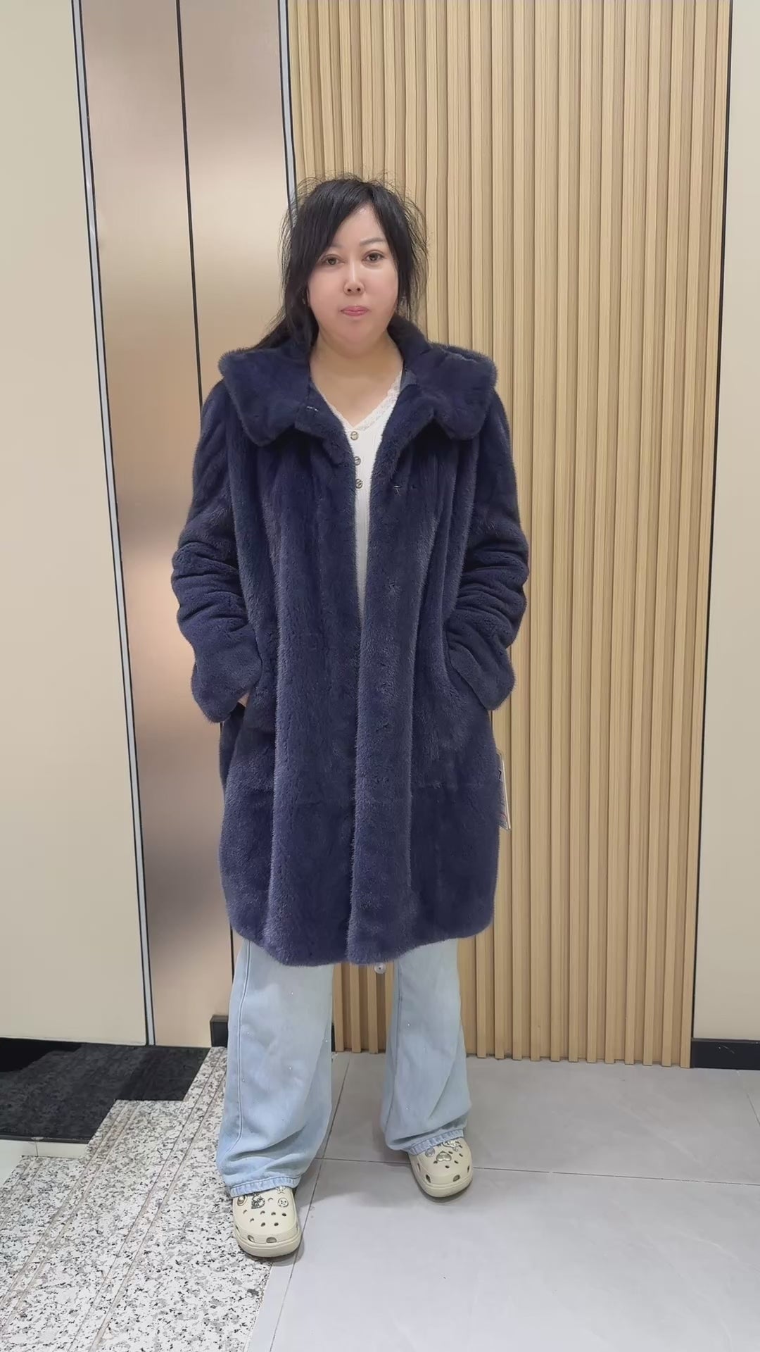 No. 007 Long, hooded dark blue velvet-finish mink coat
