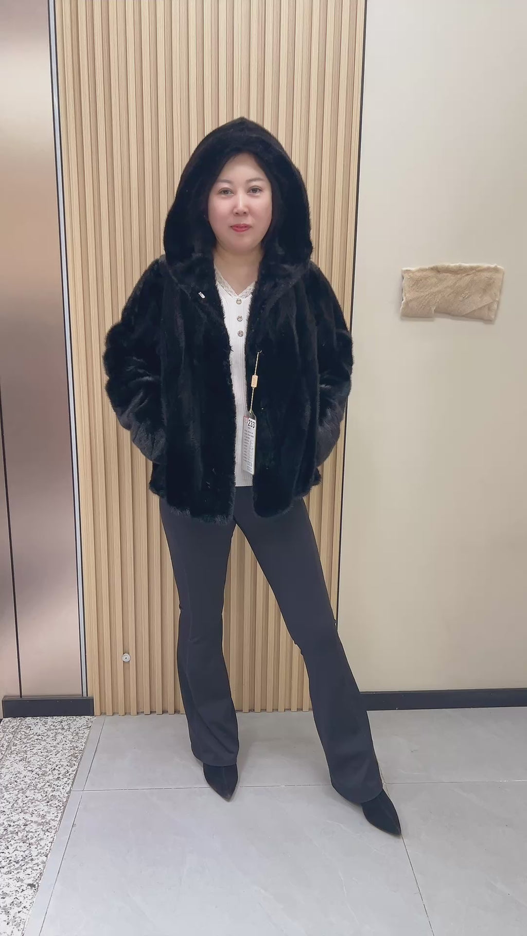 No. 233 Black Hooded Mink Fur Coat