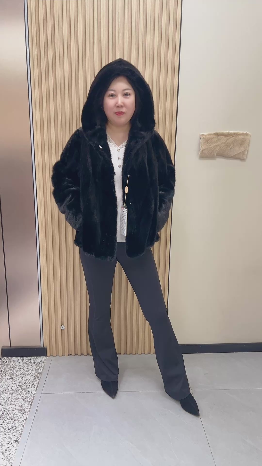 No. 233 Black Hooded Mink Fur Coat