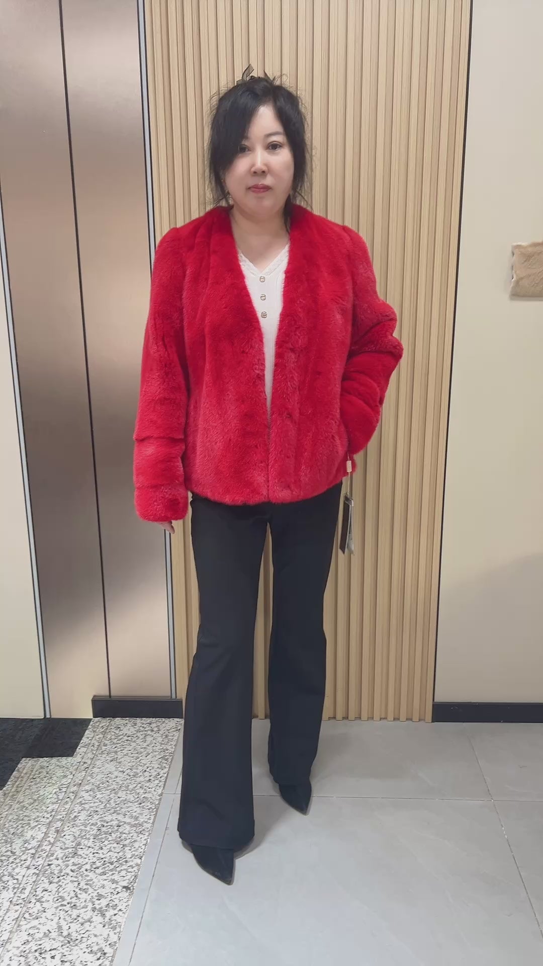 No. 154 Red V-neck Mink Fur Coat